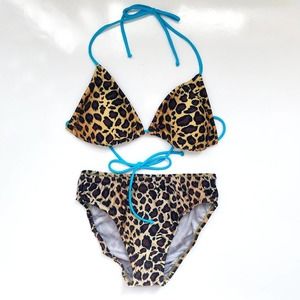 Venus Leopard Print High Waist String Bikini Set Turquoise Straps Size Small